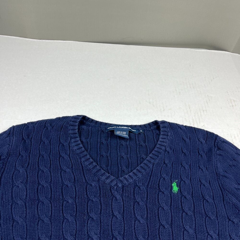Ralph Lauren Sport Womens V-Neck Sweater Blue Long Sleeve Cable Knit Pullover XL - Picture 3 of 10
